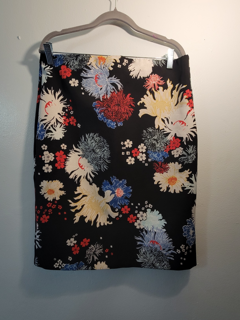 Philosophy Black Floral Pencil Skirt with Red, Blue, Cream Accents